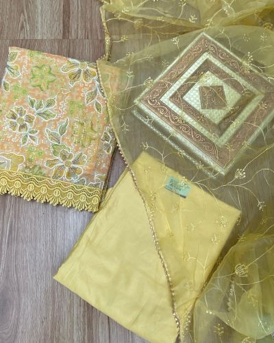 Yellow floral printed Organza unstitched suit set with Cut dana & sequin embroidery, Lace detailing and dupatta