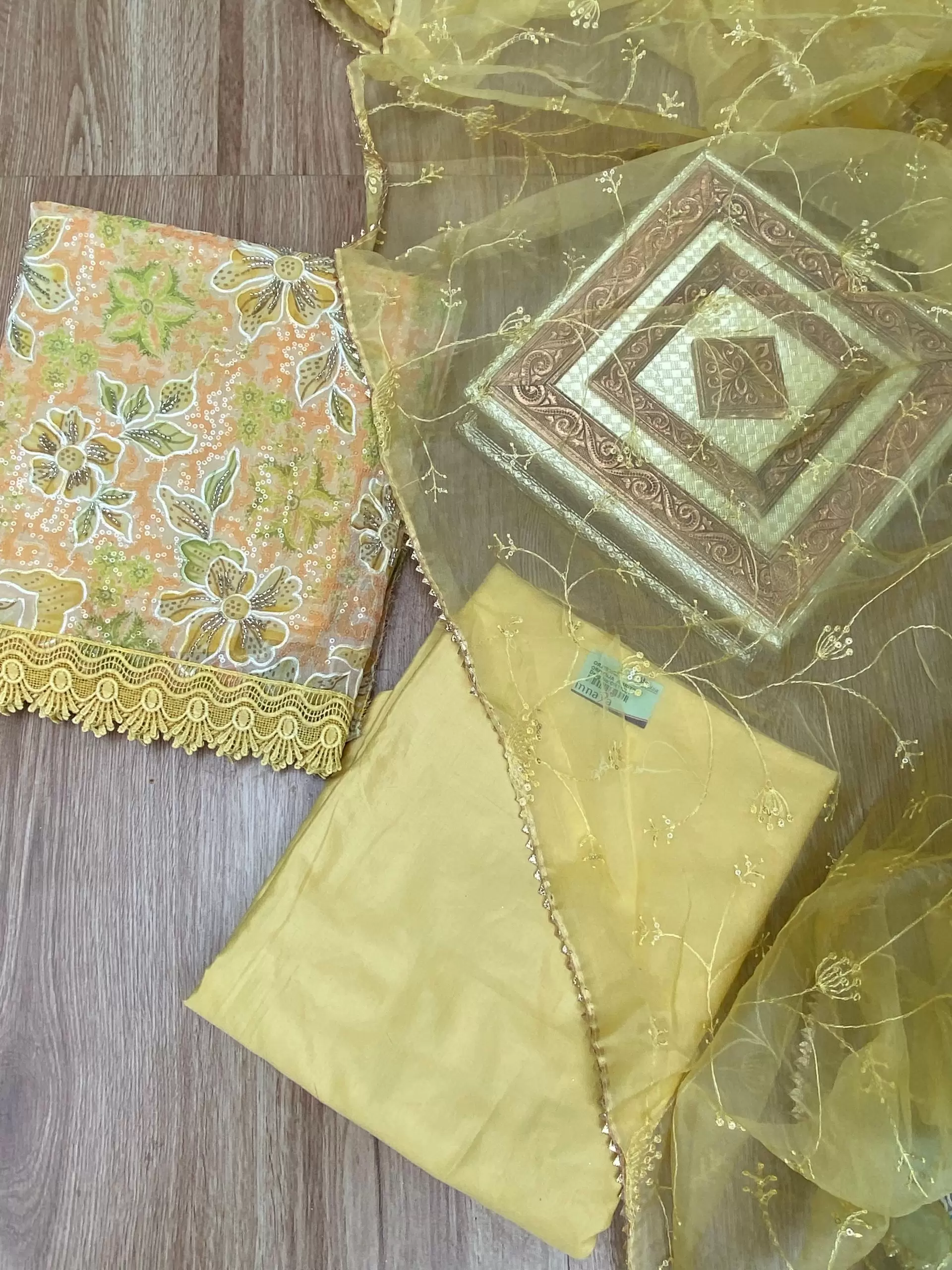 Yellow floral printed Organza unstitched suit set with Cut dana & sequin embroidery, Lace detailing and dupatta