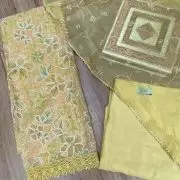 Yellow floral printed Organza unstitched suit set with Cut dana & sequin embroidery, Lace detailing and dupatta