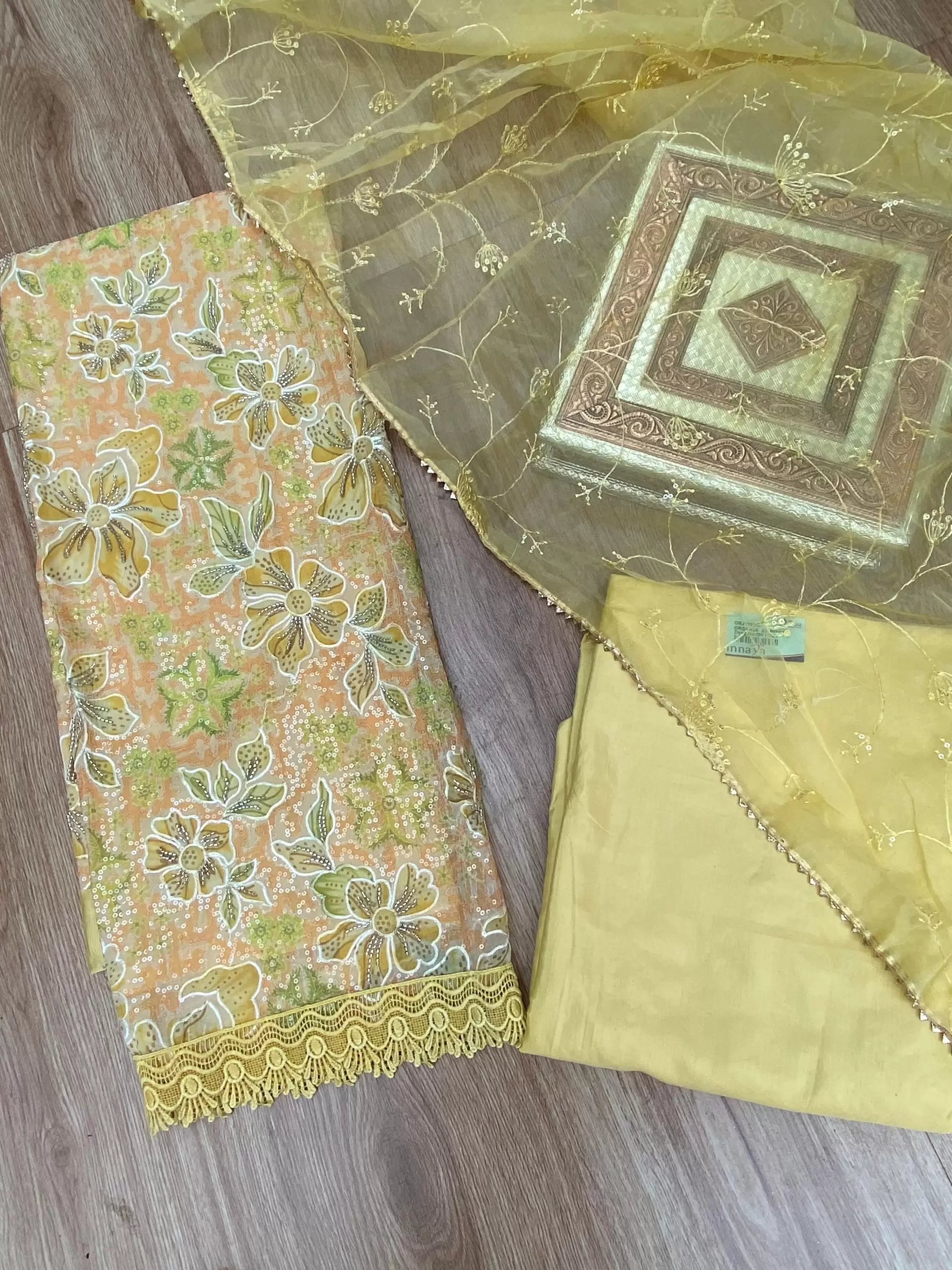 Yellow floral printed Organza unstitched suit set with Cut dana & sequin embroidery, Lace detailing and dupatta