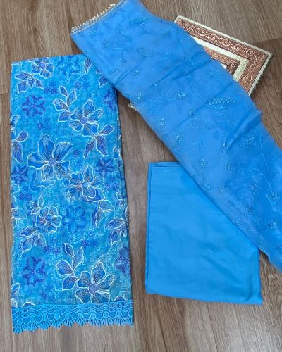 Blue floral printed Organza unstitched suit set with Cut dana & sequin embroidery, Lace detailing and dupatta