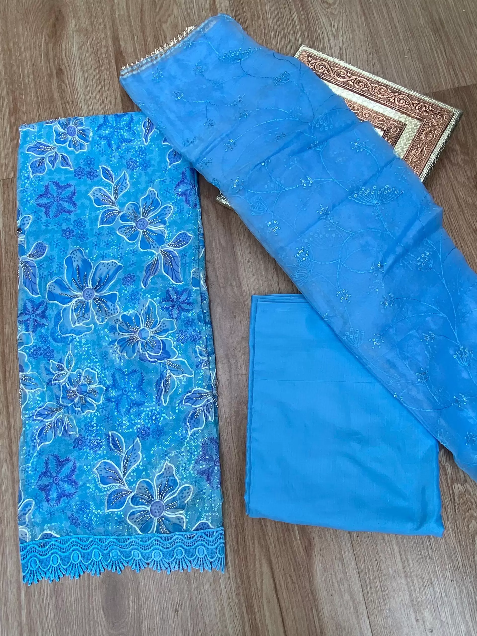 Blue floral printed Organza unstitched suit set with Cut dana & sequin embroidery, Lace detailing and dupatta