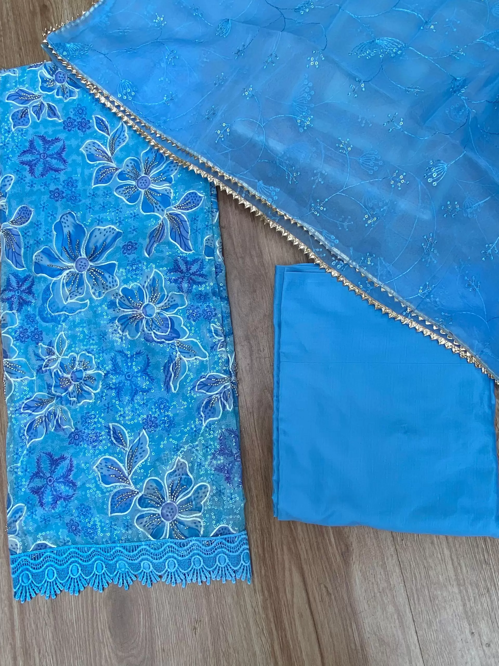 Blue floral printed Organza unstitched suit set with Cut dana & sequin embroidery, Lace detailing and dupatta