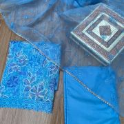Blue floral printed Organza unstitched suit set with Cut dana & sequin embroidery, Lace detailing and dupatta
