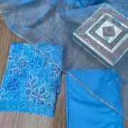 Blue floral printed Organza unstitched suit set with Cut dana & sequin embroidery, Lace detailing and dupatta