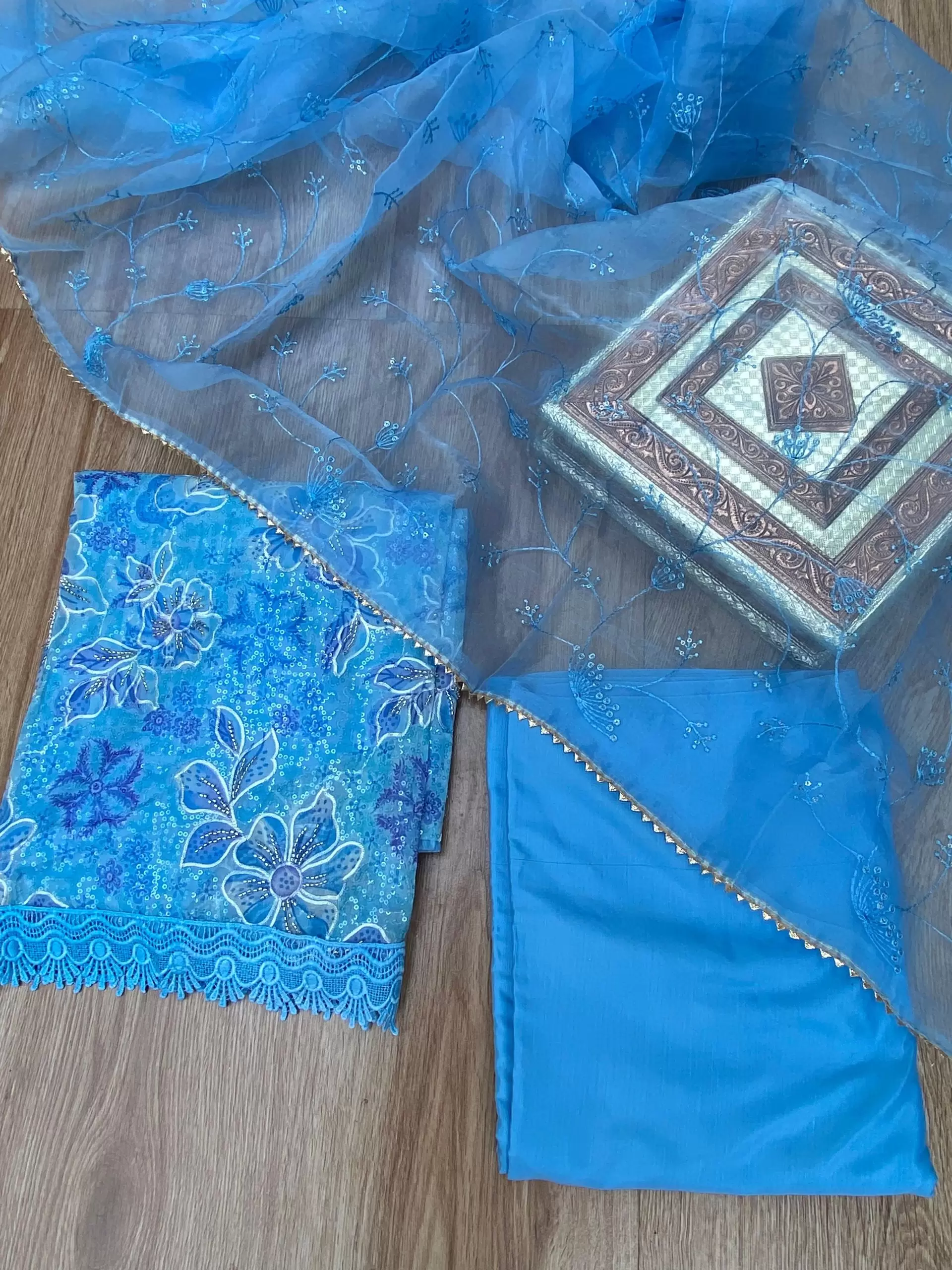 Blue floral printed Organza unstitched suit set with Cut dana & sequin embroidery, Lace detailing and dupatta