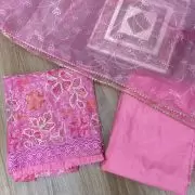 Pink floral printed Organza unstitched suit set with Cut dana & sequin embroidery, Lace detailing and dupatta
