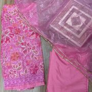Pink floral printed Organza unstitched suit set with Cut dana & sequin embroidery, Lace detailing and dupatta