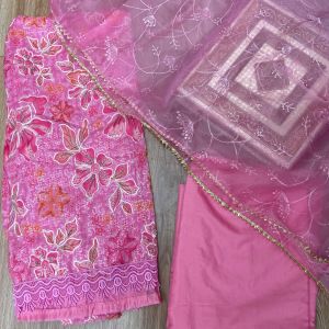 Pink floral printed Organza unstitched suit set with Cut dana & sequin embroidery, Lace detailing and dupatta