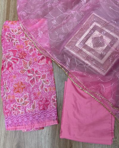 Pink floral printed Organza unstitched suit set with Cut dana & sequin embroidery, Lace detailing and dupatta