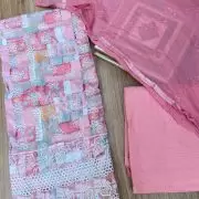 Pink floral printed pure Russian cotton unstitched suit set with thread embroidery and Chiffon dupatta