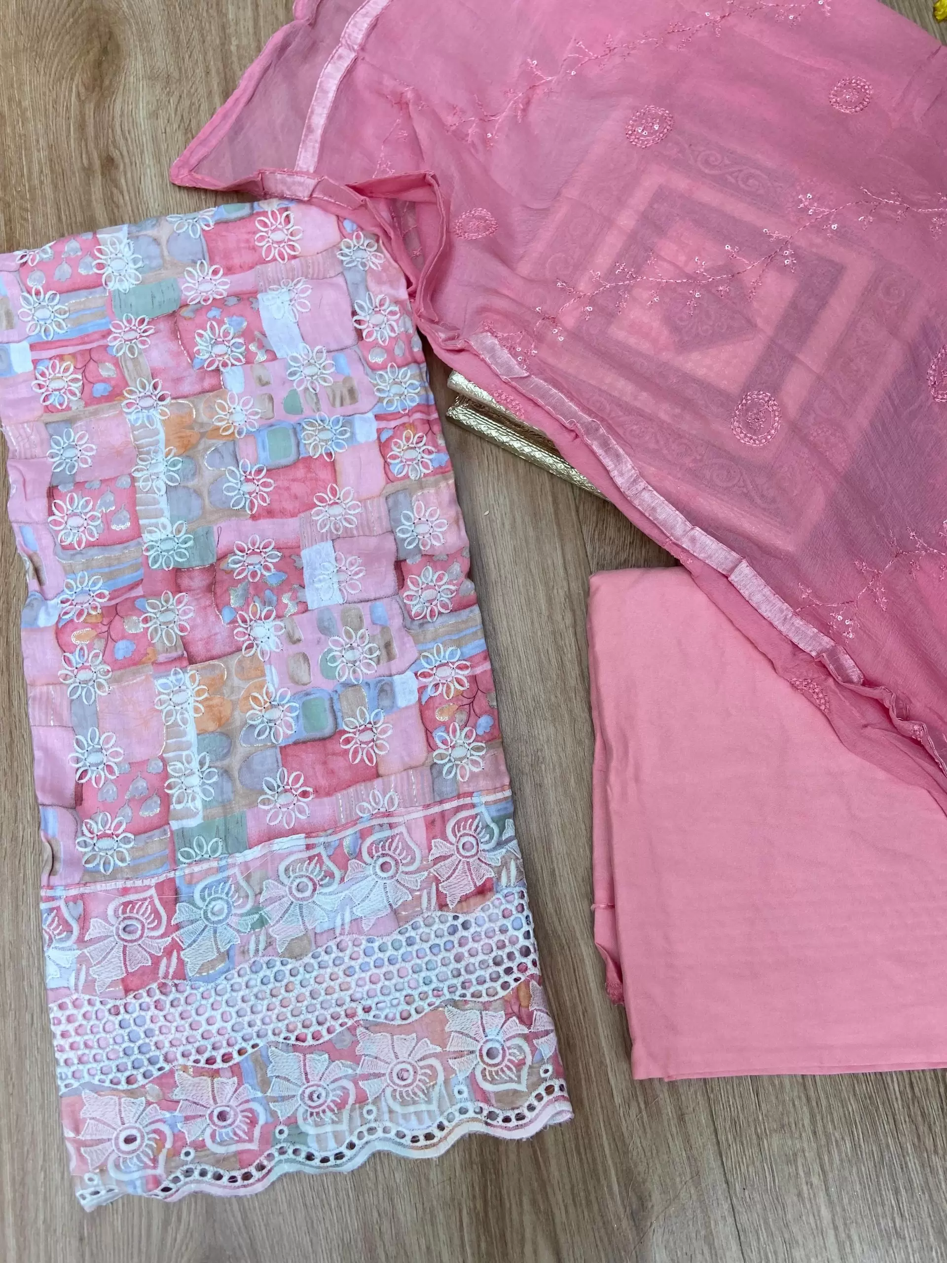 Pink floral printed pure Russian cotton unstitched suit set with thread embroidery and Chiffon dupatta