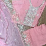 Pink Pure Russian Cotton Unstitched Suit Set with Sequin & Cut Dana Embroidery on Neckline and Chiffon Dupatta