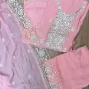 Pink Pure Russian Cotton Unstitched Suit Set with Sequin & Cut Dana Embroidery on Neckline and Chiffon Dupatta