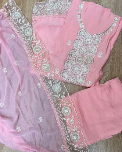 Pink Pure Russian Cotton Unstitched Suit Set with Sequin & Cut Dana Embroidery on Neckline and Chiffon Dupatta