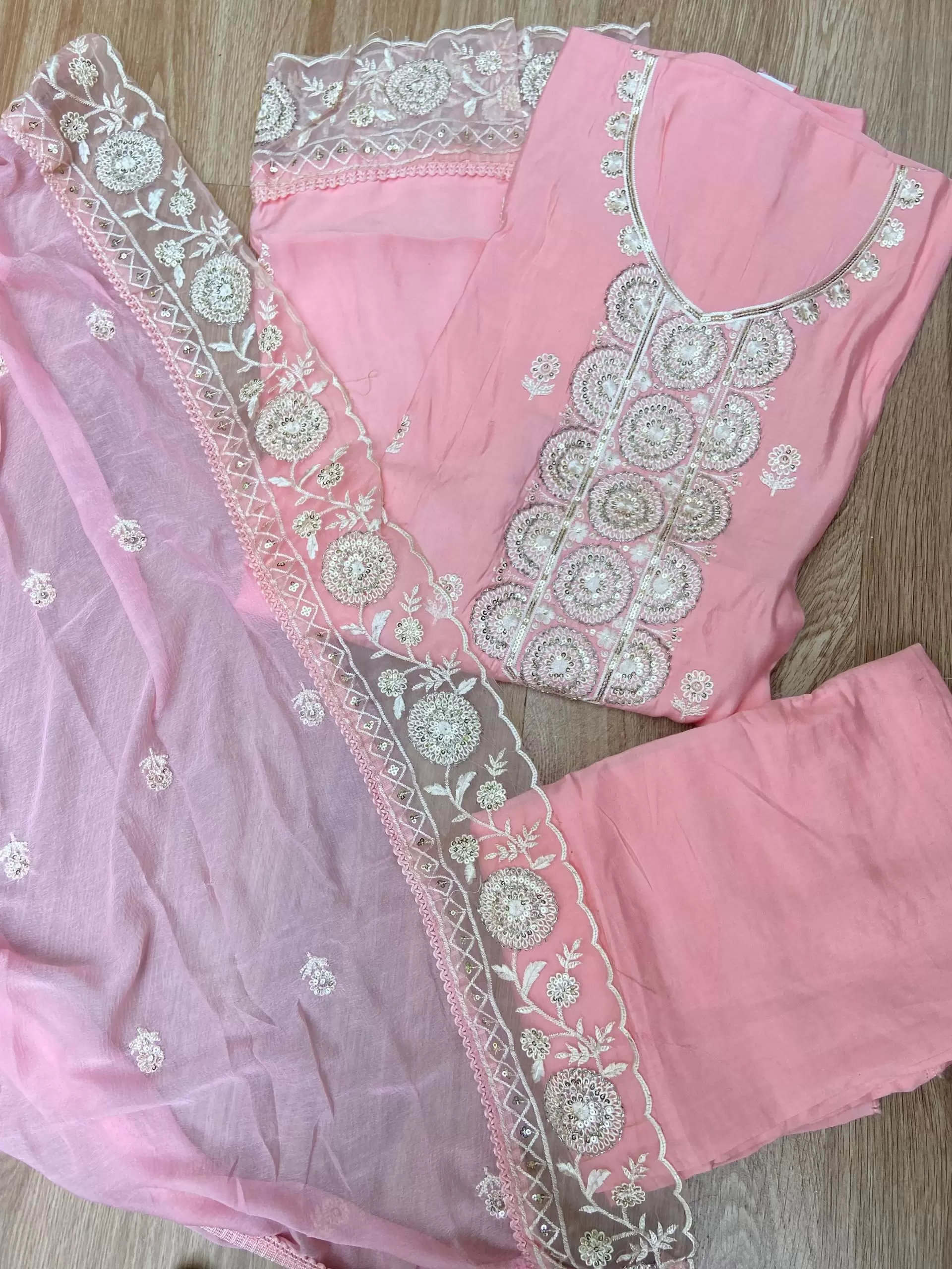 Pink Pure Russian Cotton Unstitched Suit Set with Sequin & Cut Dana Embroidery on Neckline and Chiffon Dupatta