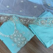 Blue Pure Russian Cotton Unstitched Suit Set with Sequin & Cut Dana Embroidery on Neckline and Chiffon Dupatta