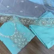 Blue Pure Russian Cotton Unstitched Suit Set with Sequin & Cut Dana Embroidery on Neckline and Chiffon Dupatta