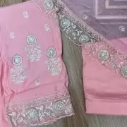 Pink Pure Russian Cotton Unstitched Suit Set with Sequin & Cut Dana Embroidery on Neckline and Chiffon Dupatta