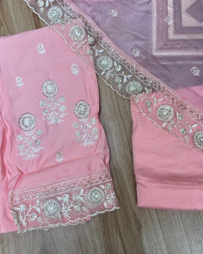 Pink Pure Russian Cotton Unstitched Suit Set with Sequin & Cut Dana Embroidery on Neckline and Chiffon Dupatta