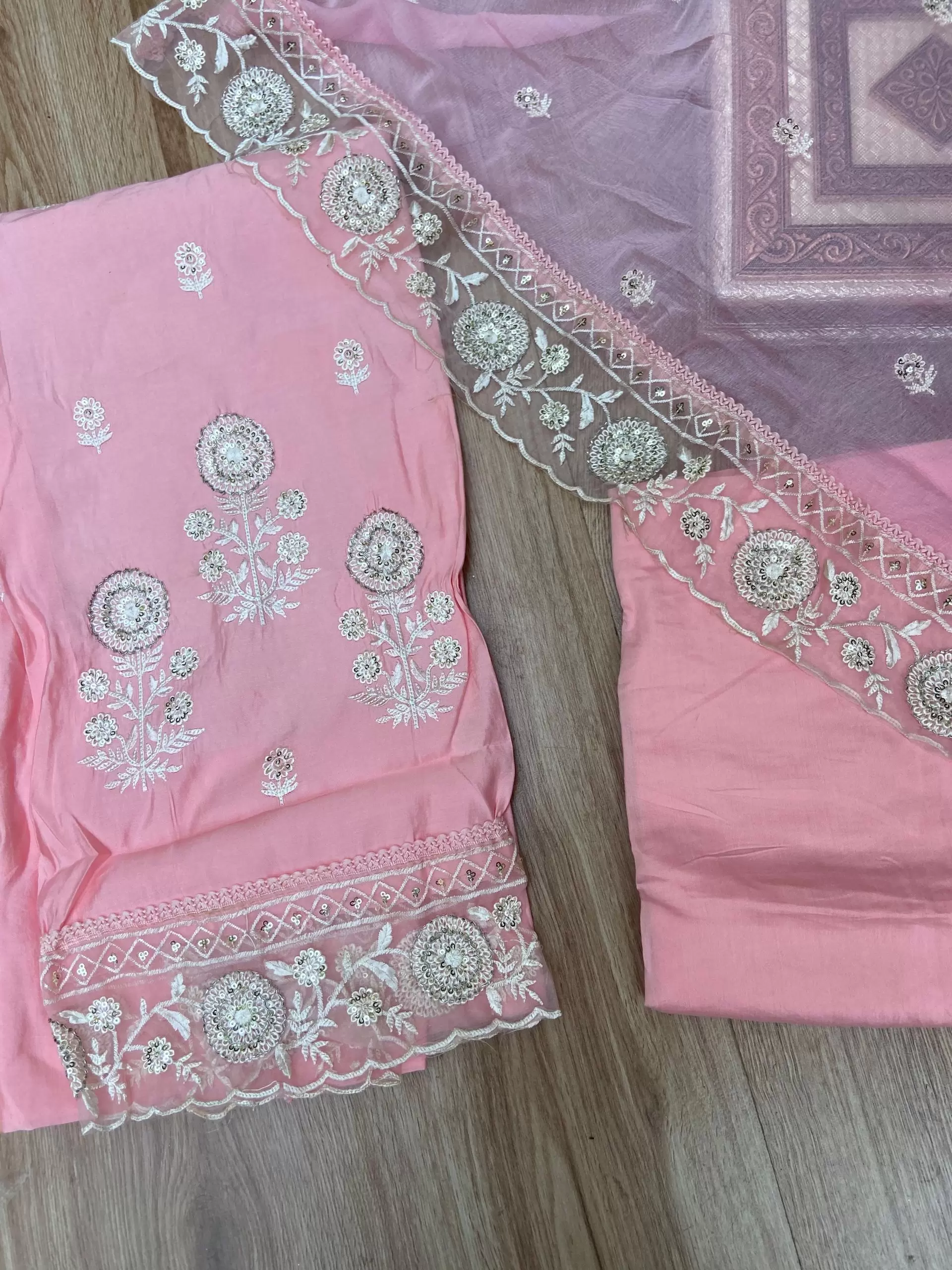 Pink Pure Russian Cotton Unstitched Suit Set with Sequin & Cut Dana Embroidery on Neckline and Chiffon Dupatta