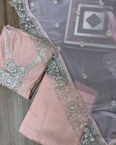 Peach Pure Russian Cotton Unstitched Suit Set with Sequin & Cut Dana Embroidery on Neckline and Chiffon Dupatta