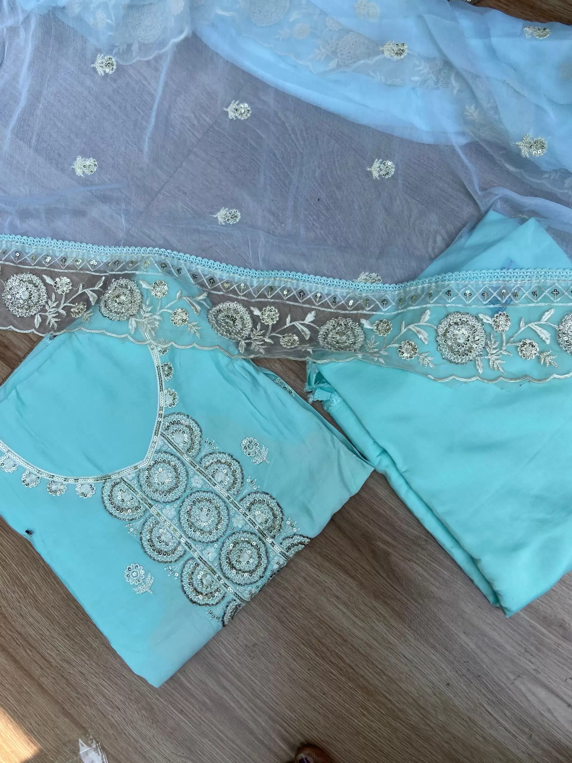 Blue Pure Russian Cotton Unstitched Suit Set with Sequin & Cut Dana Embroidery on Neckline and Chiffon Dupatta