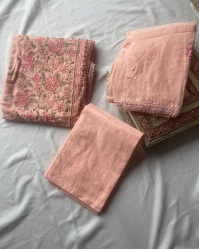 Peach pure cotton unstitched suit set with Multicoloured thread embroidery and Chiffon dupatta