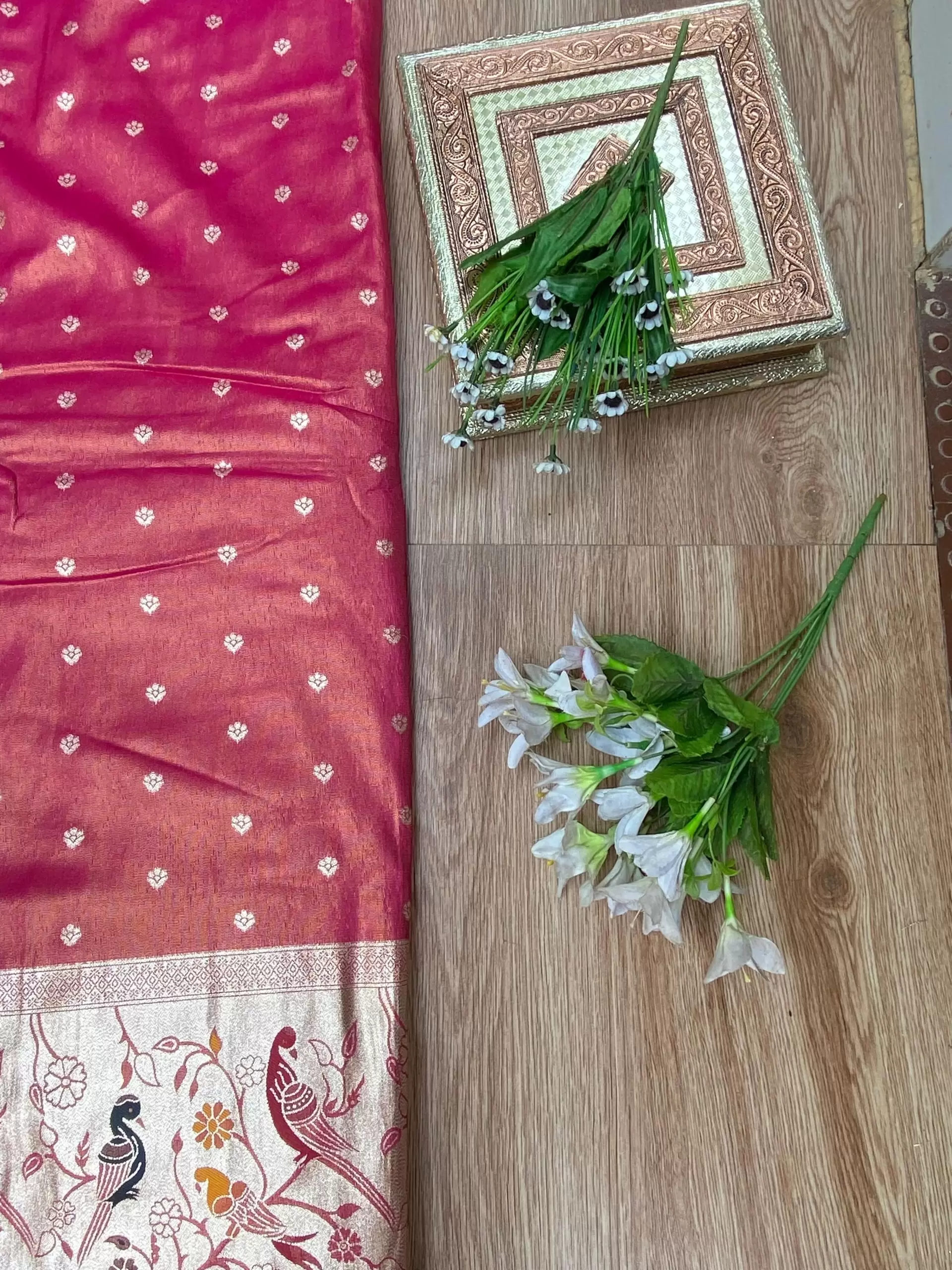 Pink Traditional Indian Printed Silk Fabric with Peacock Banarasi Border