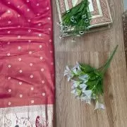 Pink Traditional Indian Printed Silk Fabric with Peacock Banarasi Border