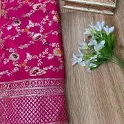 Pink Traditional Printed Pure Silk Fabric with Heavy Border