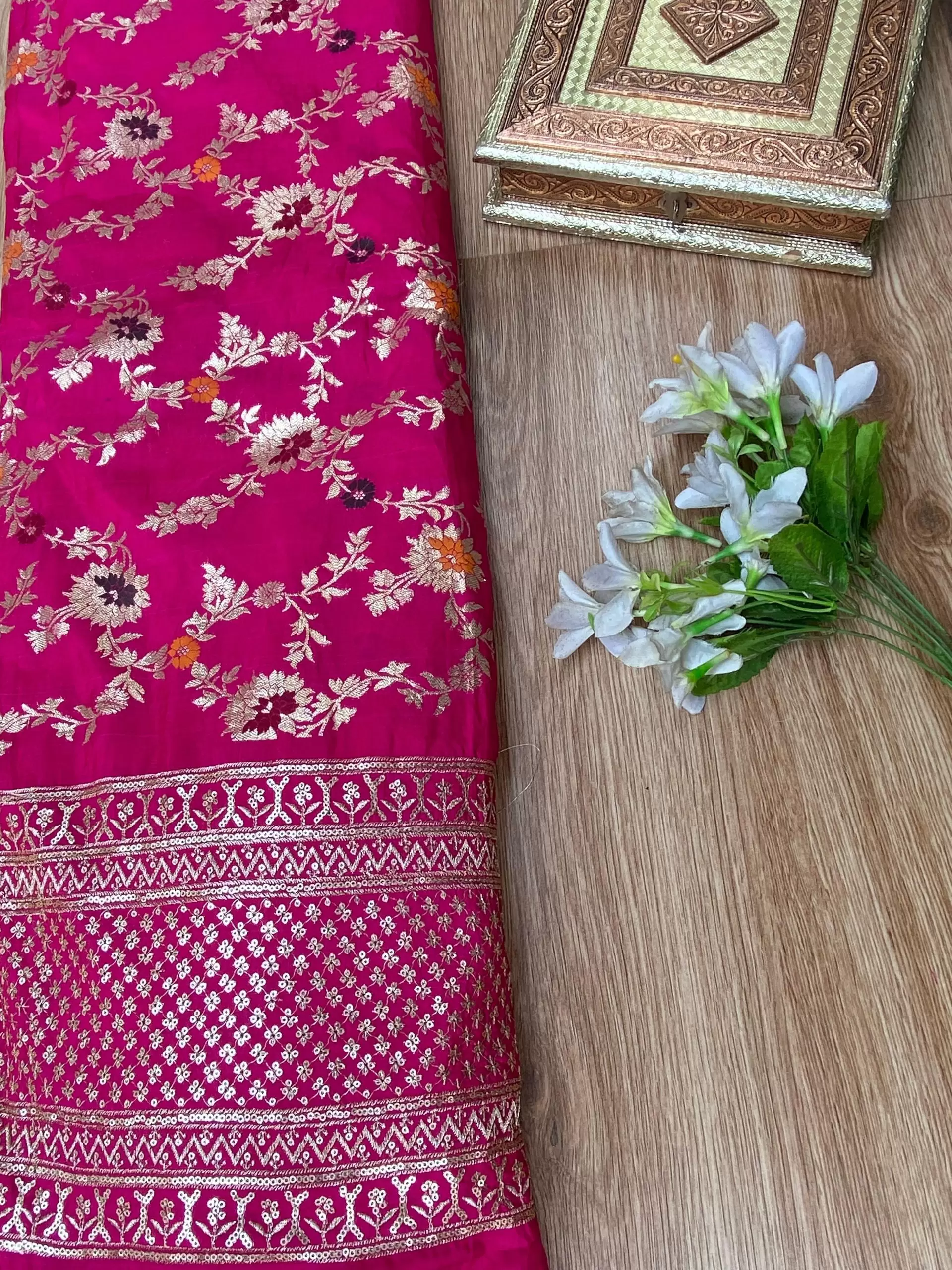 Pink Traditional Printed Pure Silk Fabric with Heavy Border
