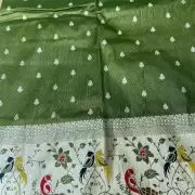 Oliver Green Traditional Indian Printed Silk Fabric with Peacock Banarasi Border