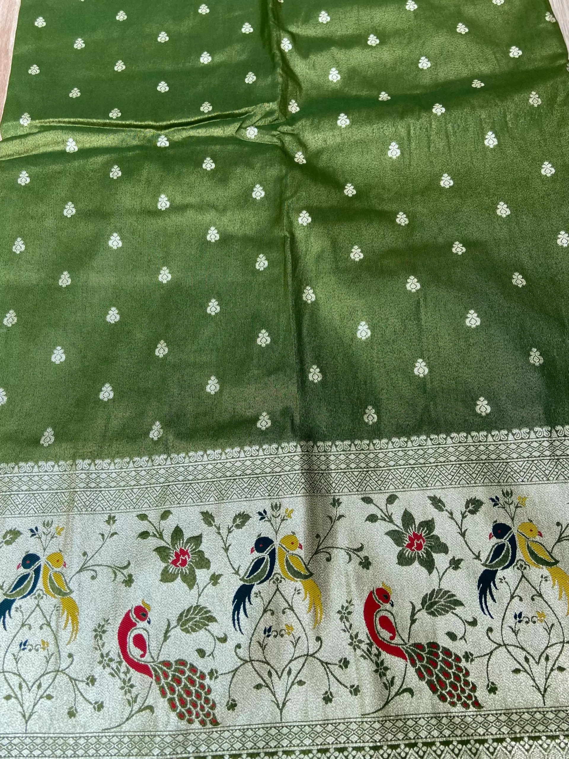 Oliver Green Traditional Indian Printed Silk Fabric with Peacock Banarasi Border