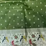 Oliver Green Traditional Indian Printed Silk Fabric with Peacock Banarasi Border