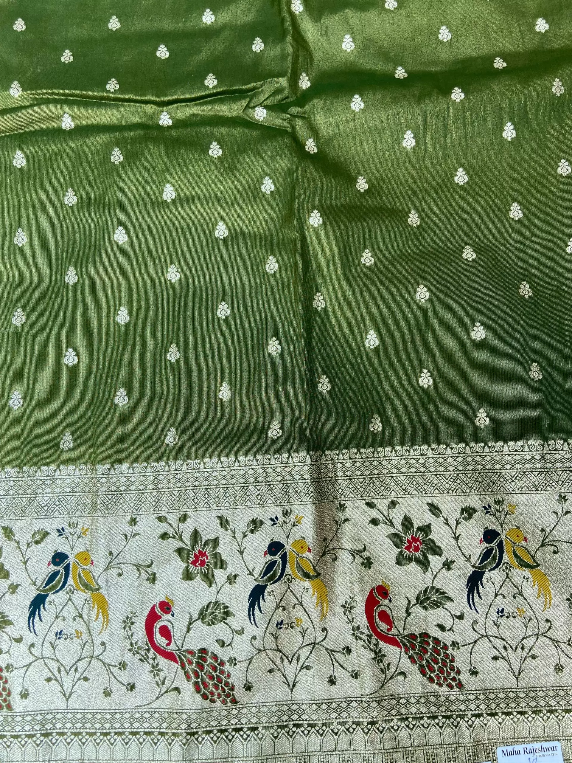 Oliver Green Traditional Indian Printed Silk Fabric with Peacock Banarasi Border
