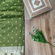 Oliver Green Traditional Indian Printed Silk Fabric with Peacock Banarasi Border