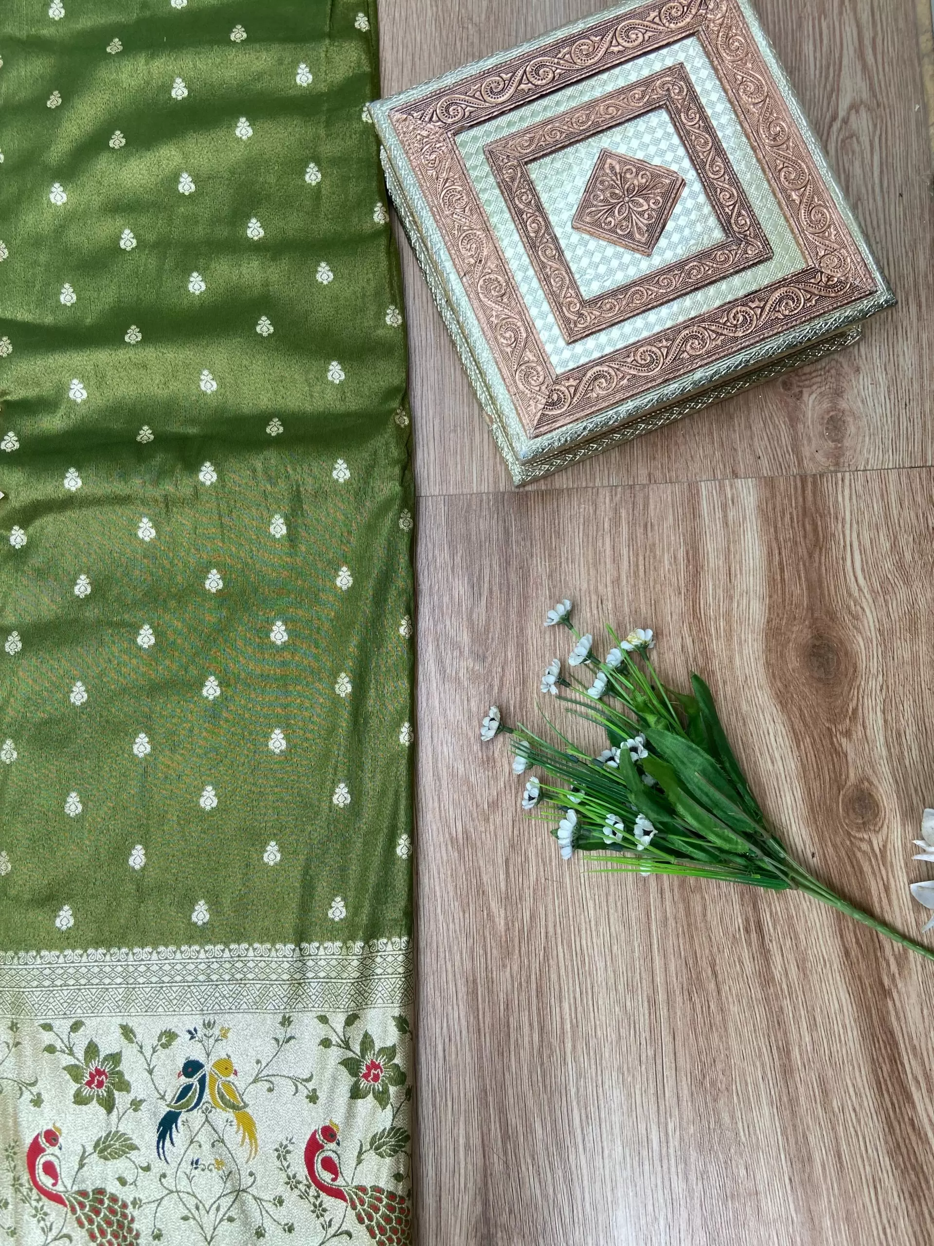 Oliver Green Traditional Indian Printed Silk Fabric with Peacock Banarasi Border
