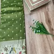Oliver Green Traditional Indian Printed Silk Fabric with Peacock Banarasi Border