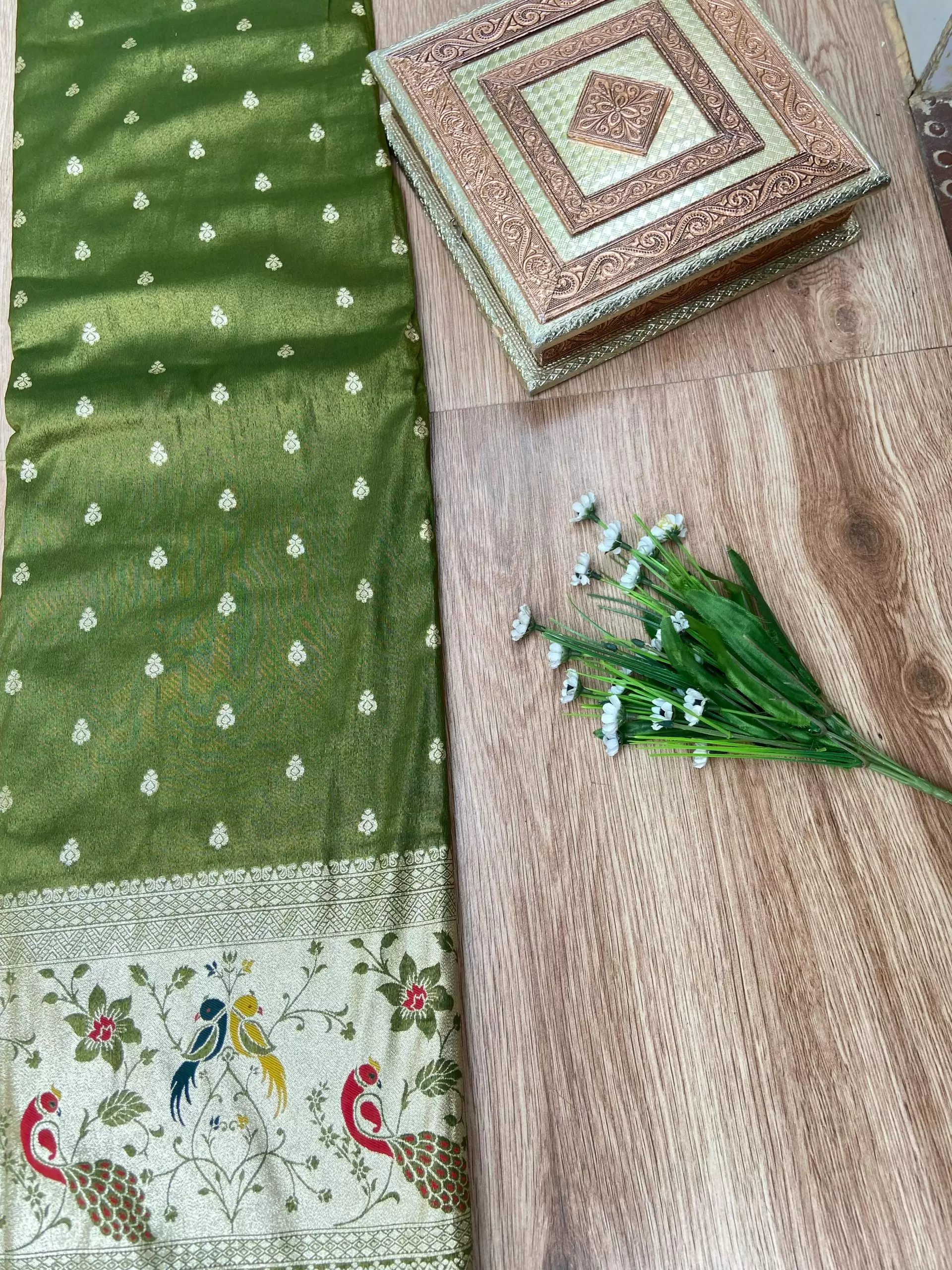 Oliver Green Traditional Indian Printed Silk Fabric with Peacock Banarasi Border