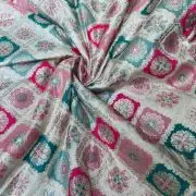 White pure silk with multicolored checkbox printed fabric