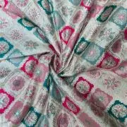 White pure silk with multicolored checkbox printed fabric