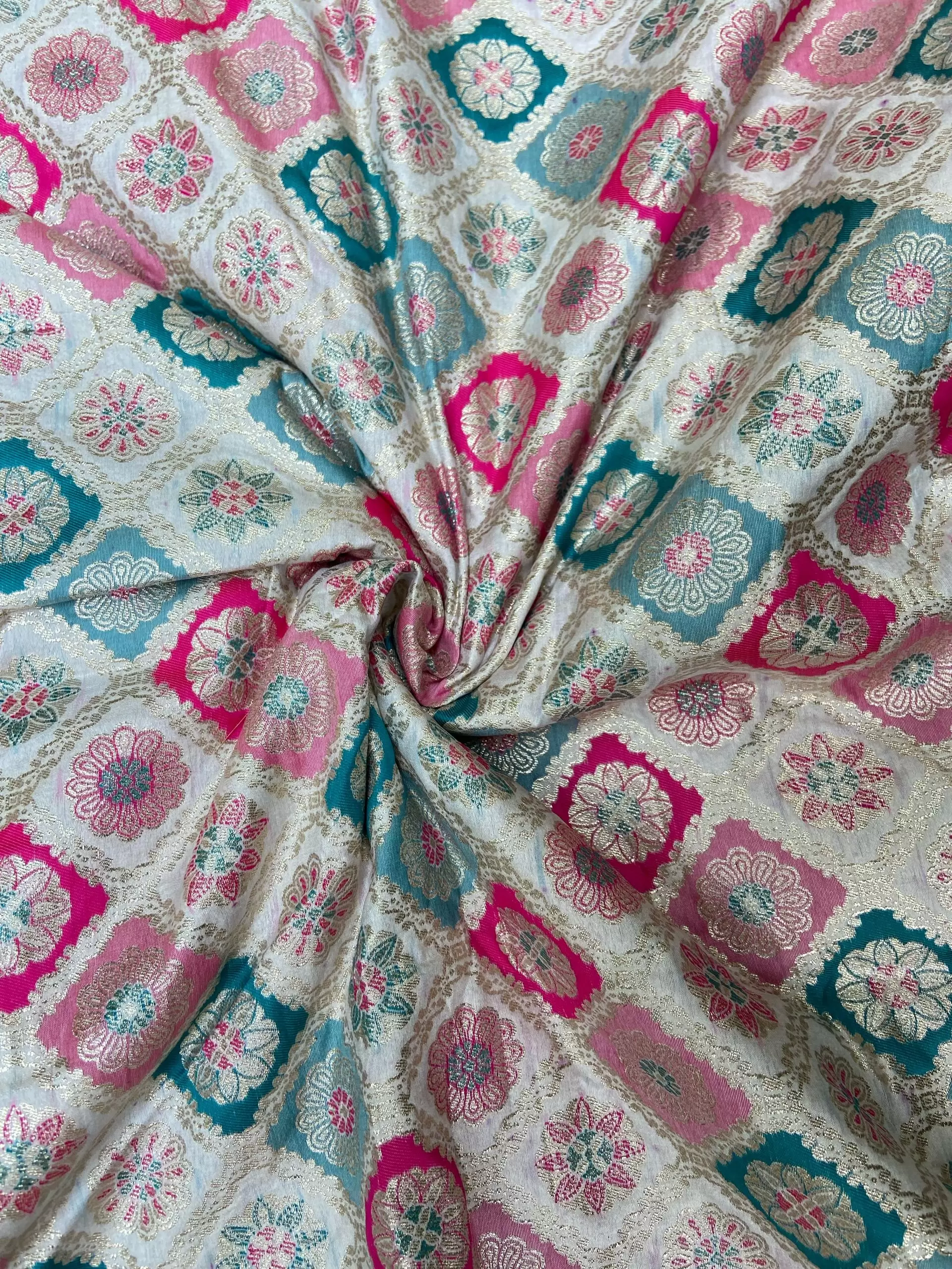 White pure silk with multicolored checkbox printed fabric