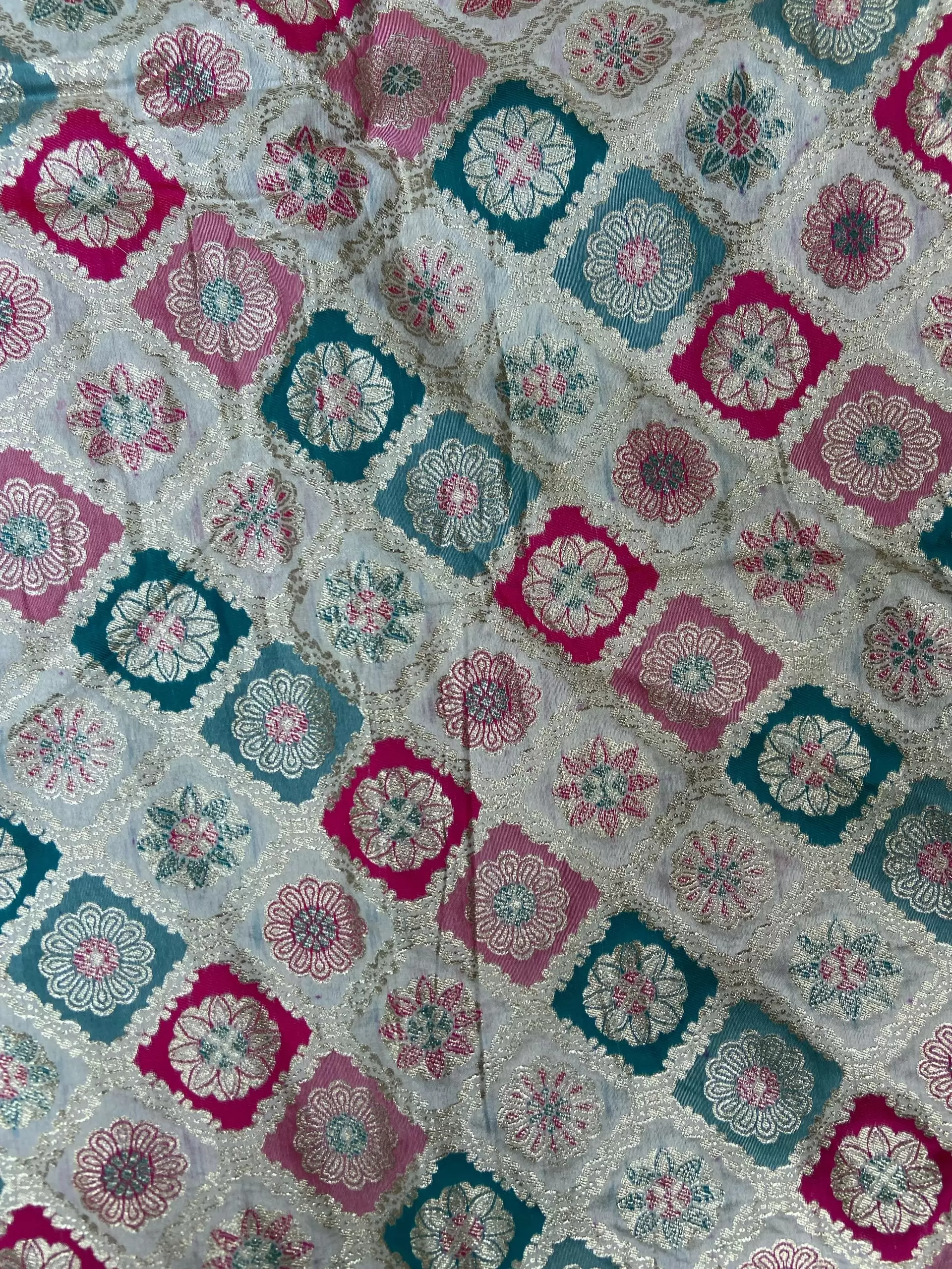 White pure silk with multicolored checkbox printed fabric