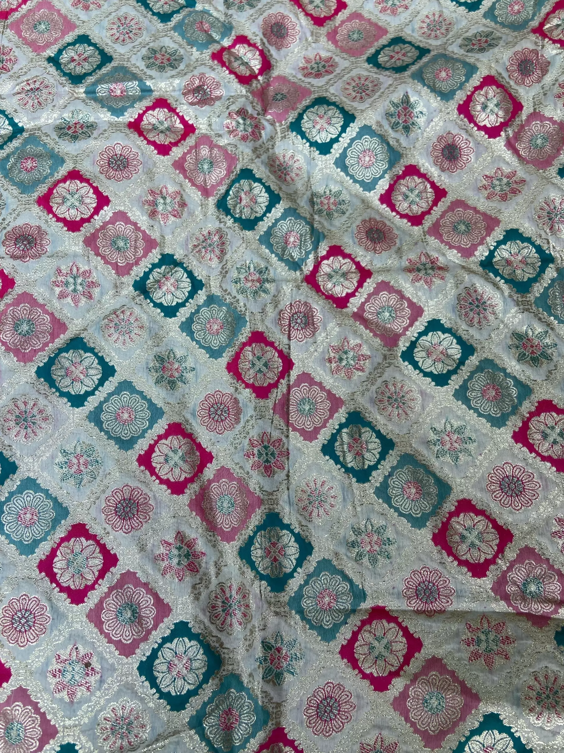 White pure silk with multicolored checkbox printed fabric