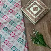 White pure silk with multicolored checkbox printed fabric