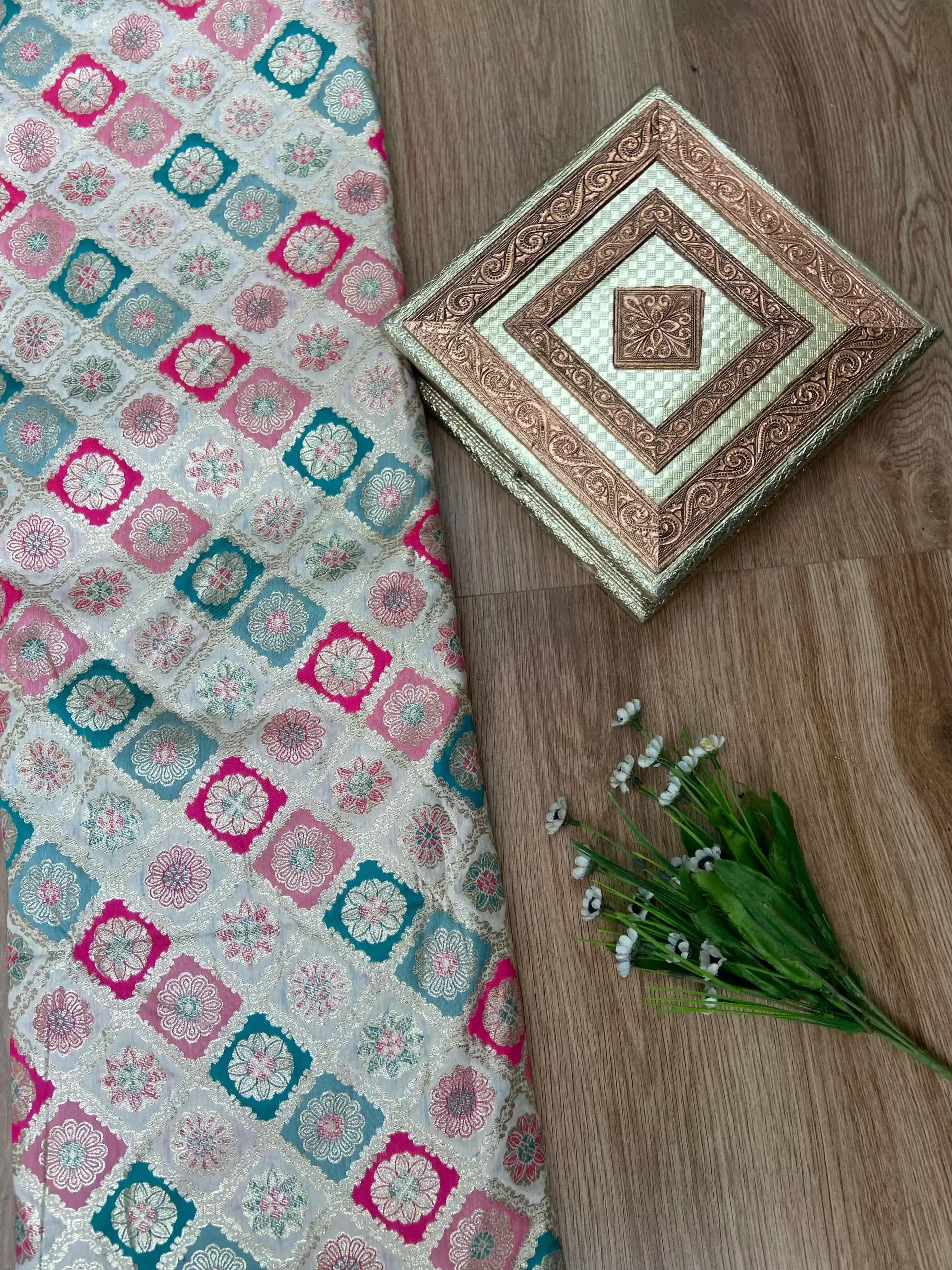 White pure silk with multicolored checkbox printed fabric