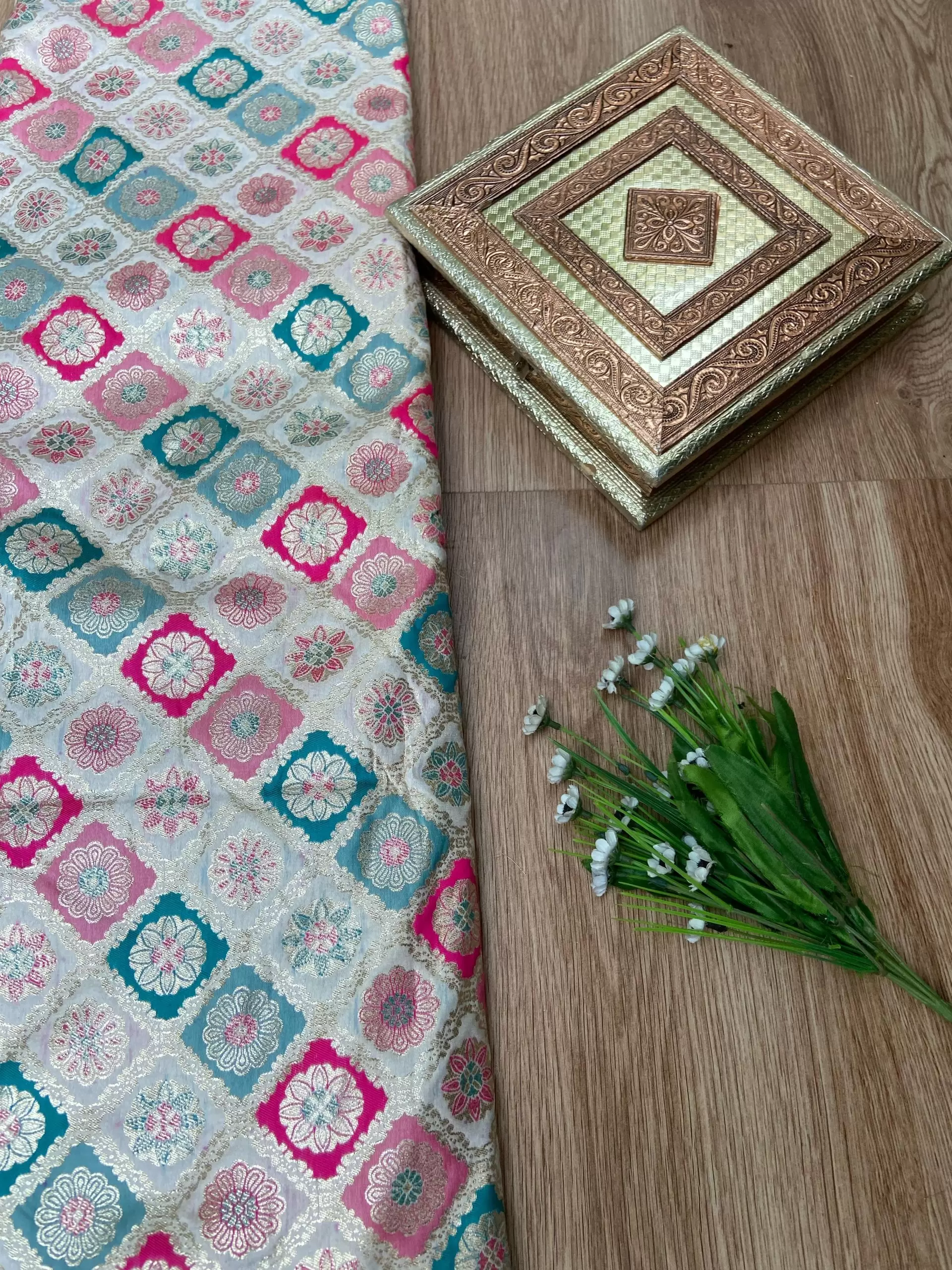 White pure silk with multicolored checkbox printed fabric