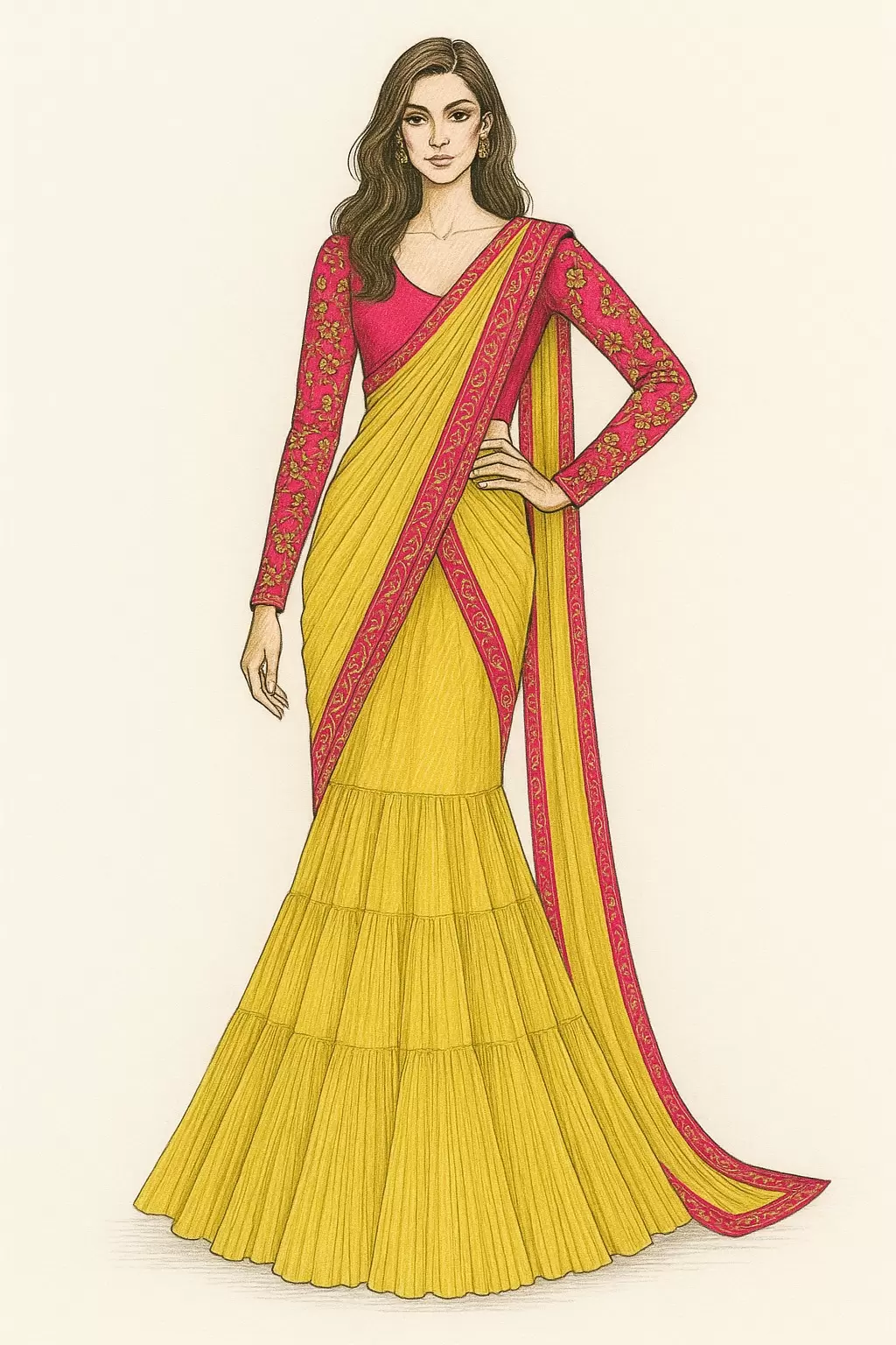 Green and Rani Pink , Fishcut style Draped saree