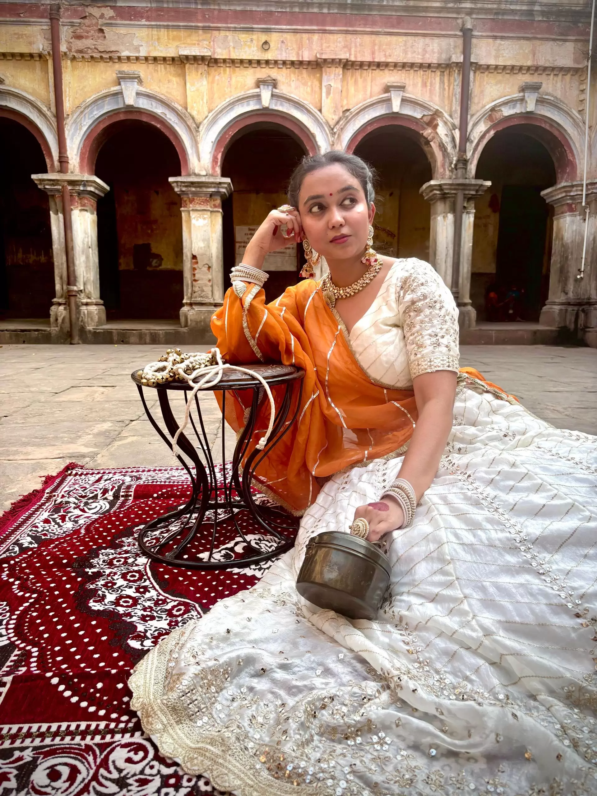 White chandani lehenga made from organza satin with heavy daman style embroidery( with white dupatta)